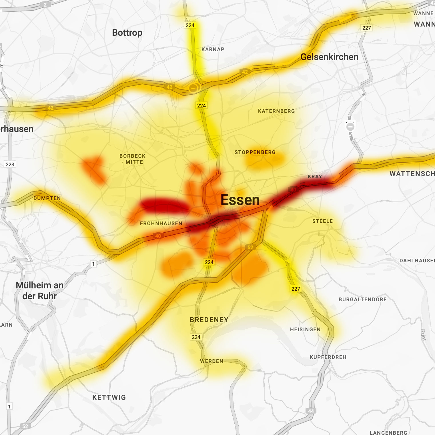 Karte mit Unfallschwerpunkten in Essen basierend auf den Erfahrungen als KFZ-Gutachter in Essen